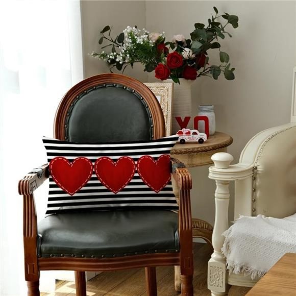 Valentines Day Throw Pillow Cover Decorative Accent Case Striped Heart Decor - Picture 5 of 7